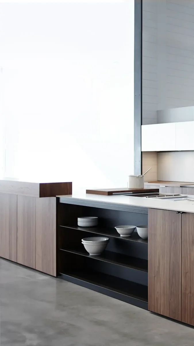 Walnut Open-Shelf Run, custom cabinetry by Ultimate Cabinets, Inc.
