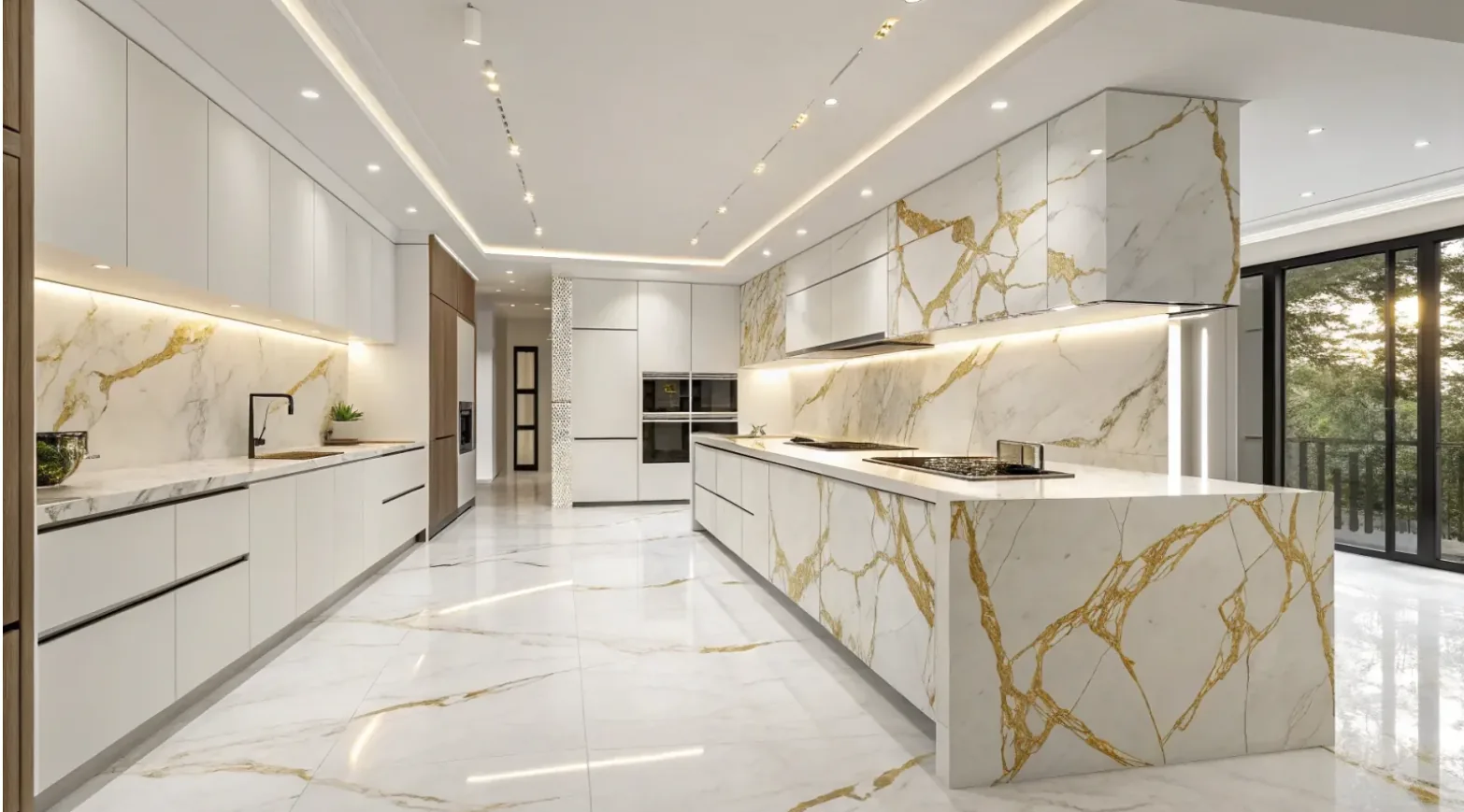 Gold-veined marble galley kitchen with full-height slab backsplash and waterfall island