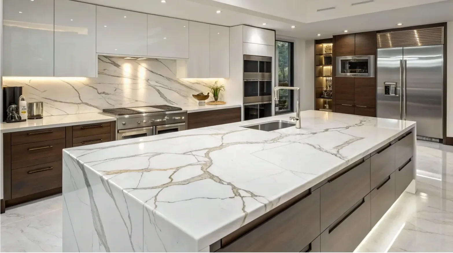 Book-matched marble waterfall island with mitered edge in a modern Las Vegas kitchen