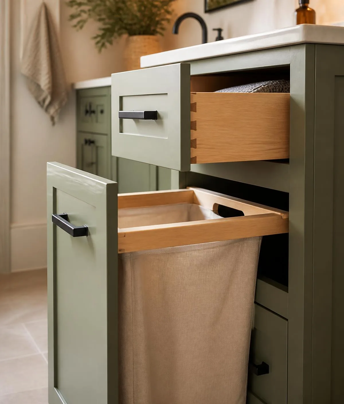 Dovetailed drawer and built-in laundry hamper inside a custom sage green bathroom vanity