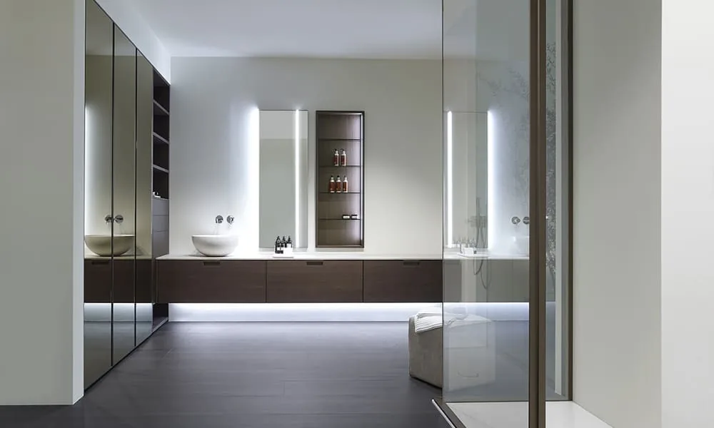 Custom bathroom storage cabinetry with pull-out drawers