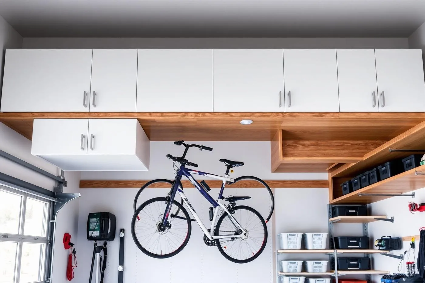 Overhead garage cabinets and shelving with bike storage