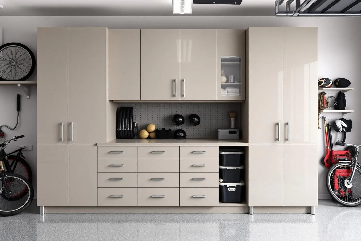 Tall custom garage storage cabinets with gloss doors and organized bins