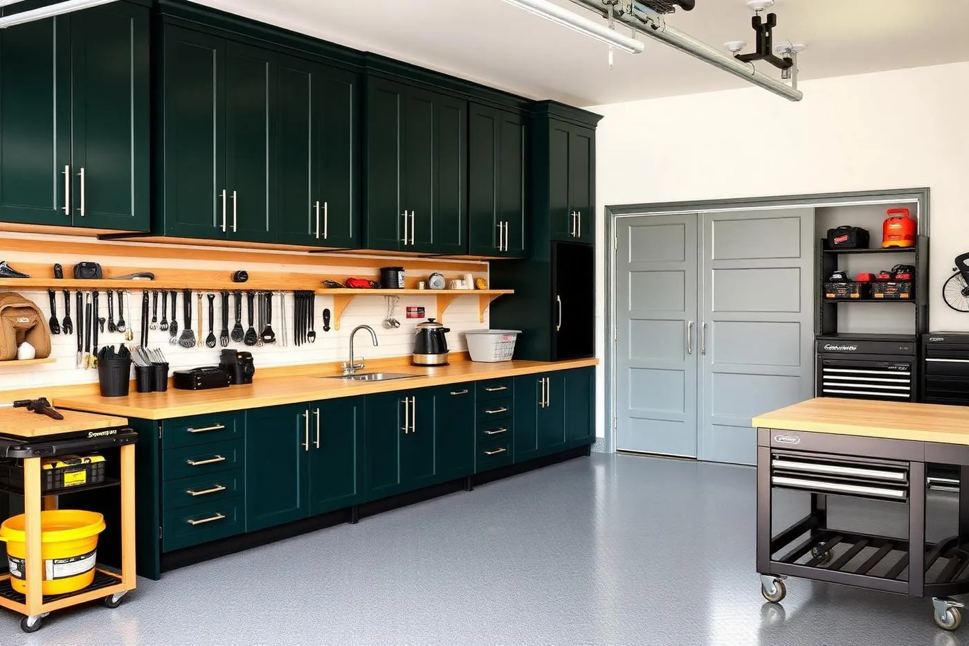 Custom garage cabinets in a dark green finish with hardwood workbench top