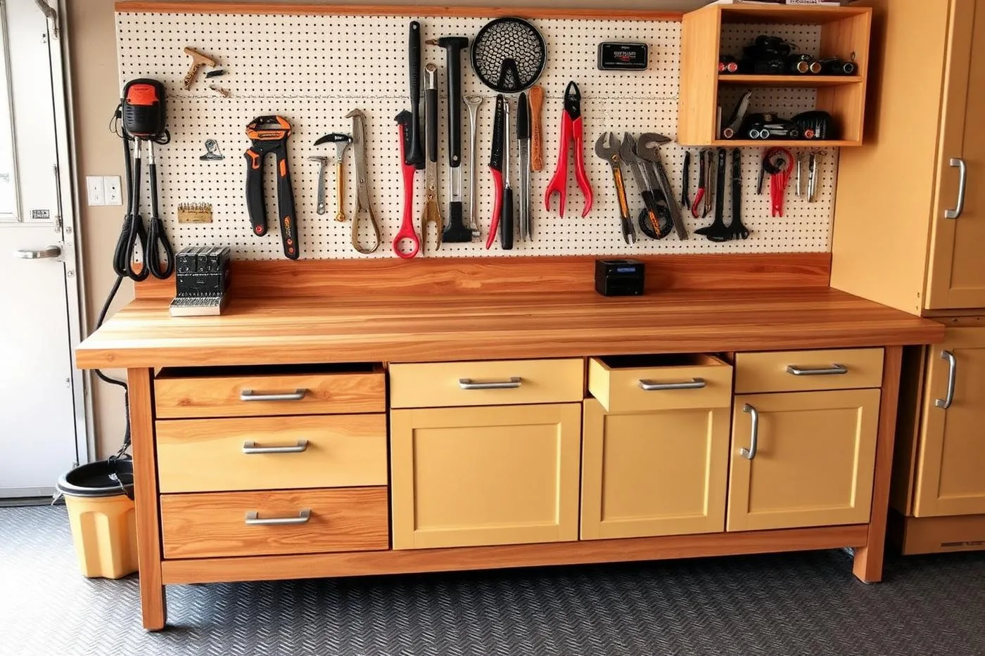 Custom garage workbench with deep tool drawers and organized tool wall