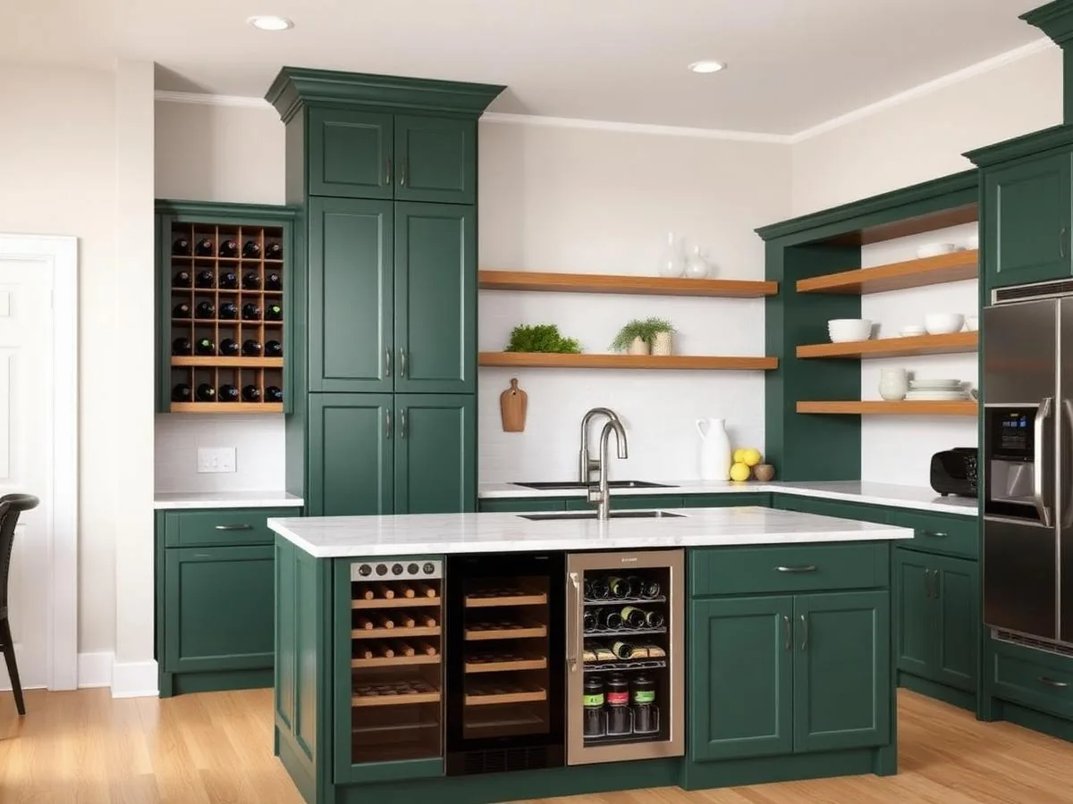 Kitchen island end cap with wine storage and beverage fridge