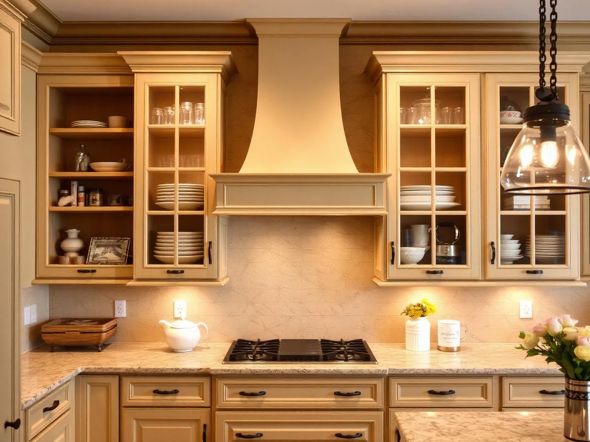 Remodeled kitchen with glass front cabinet doors and open shelving