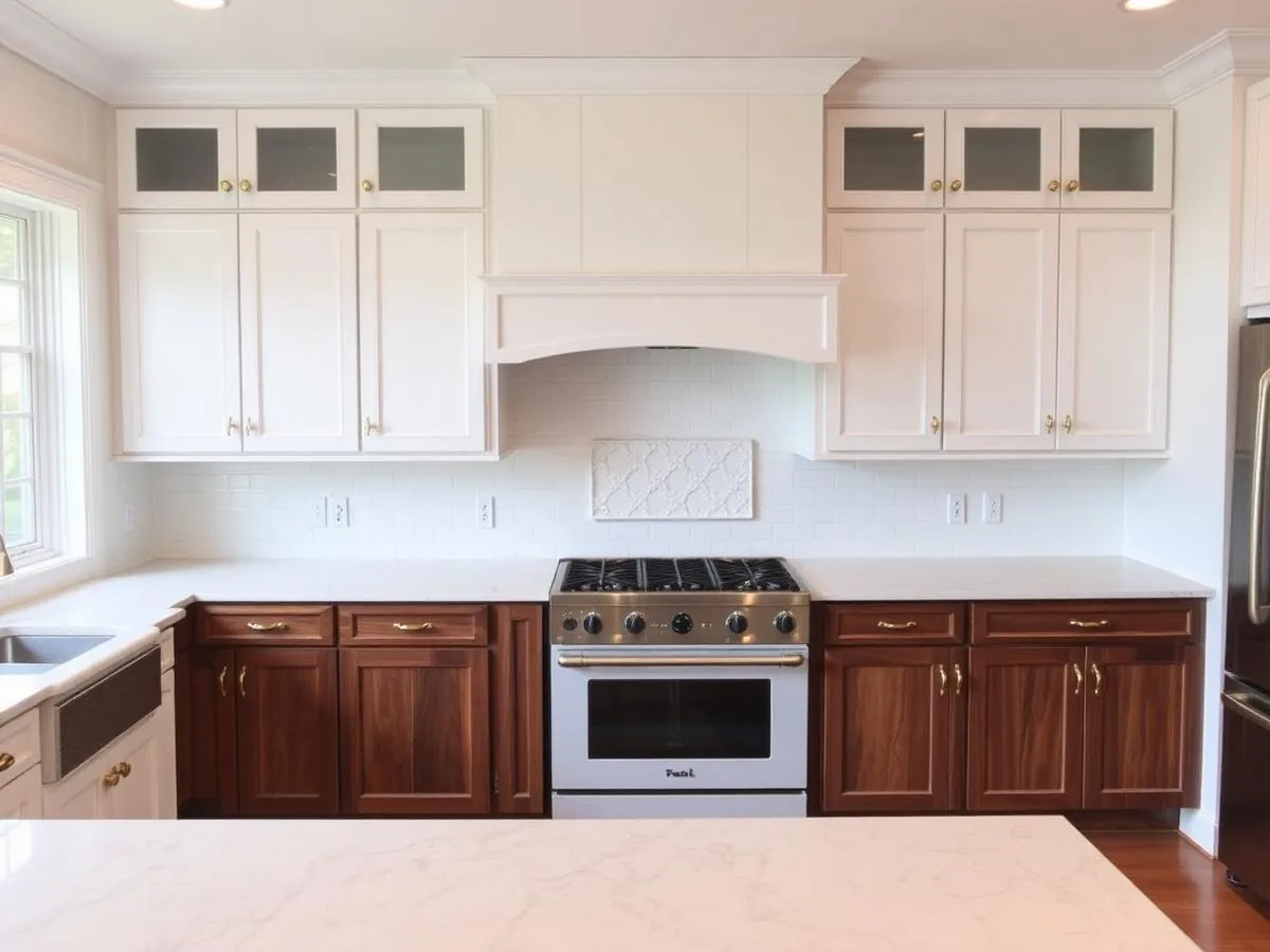 Two-tone remodeled kitchen with painted uppers and wood base cabinets