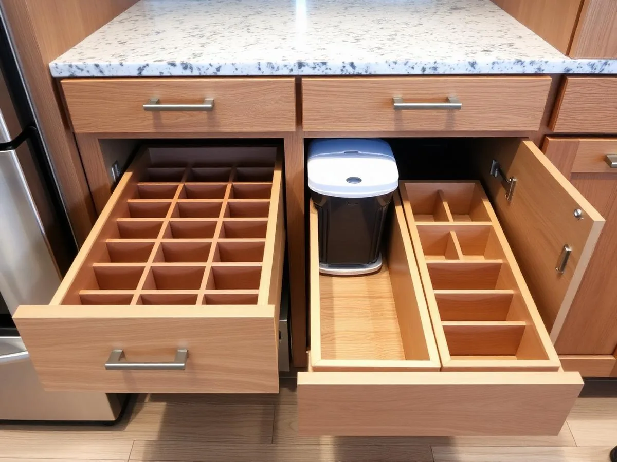 Deep kitchen drawers with dividers and built-in pull-out trash cabinet