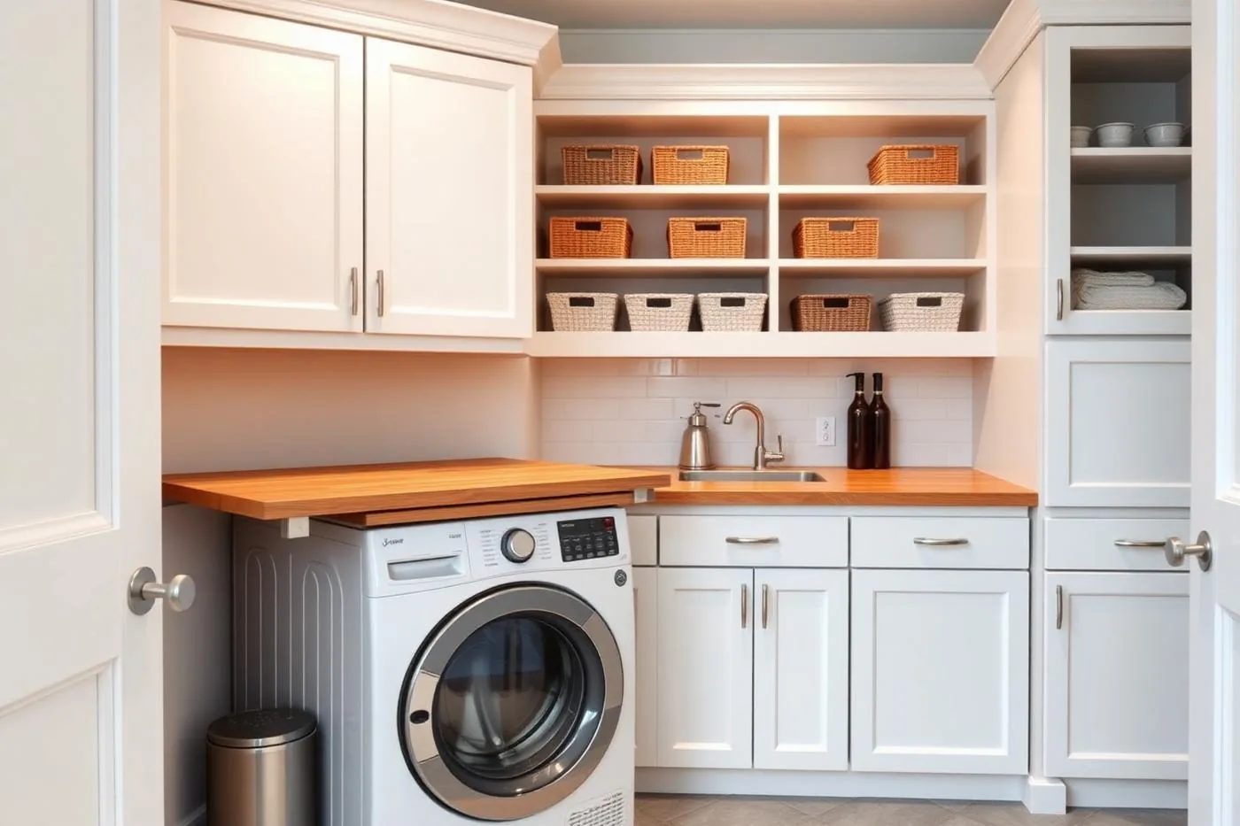 Laundry room with butcher block folding countertop, open shelving and baskets