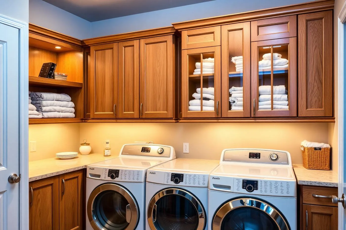 Glass-Door Linen Storage, custom laundry room cabinetry by Ultimate Cabinets, Inc.