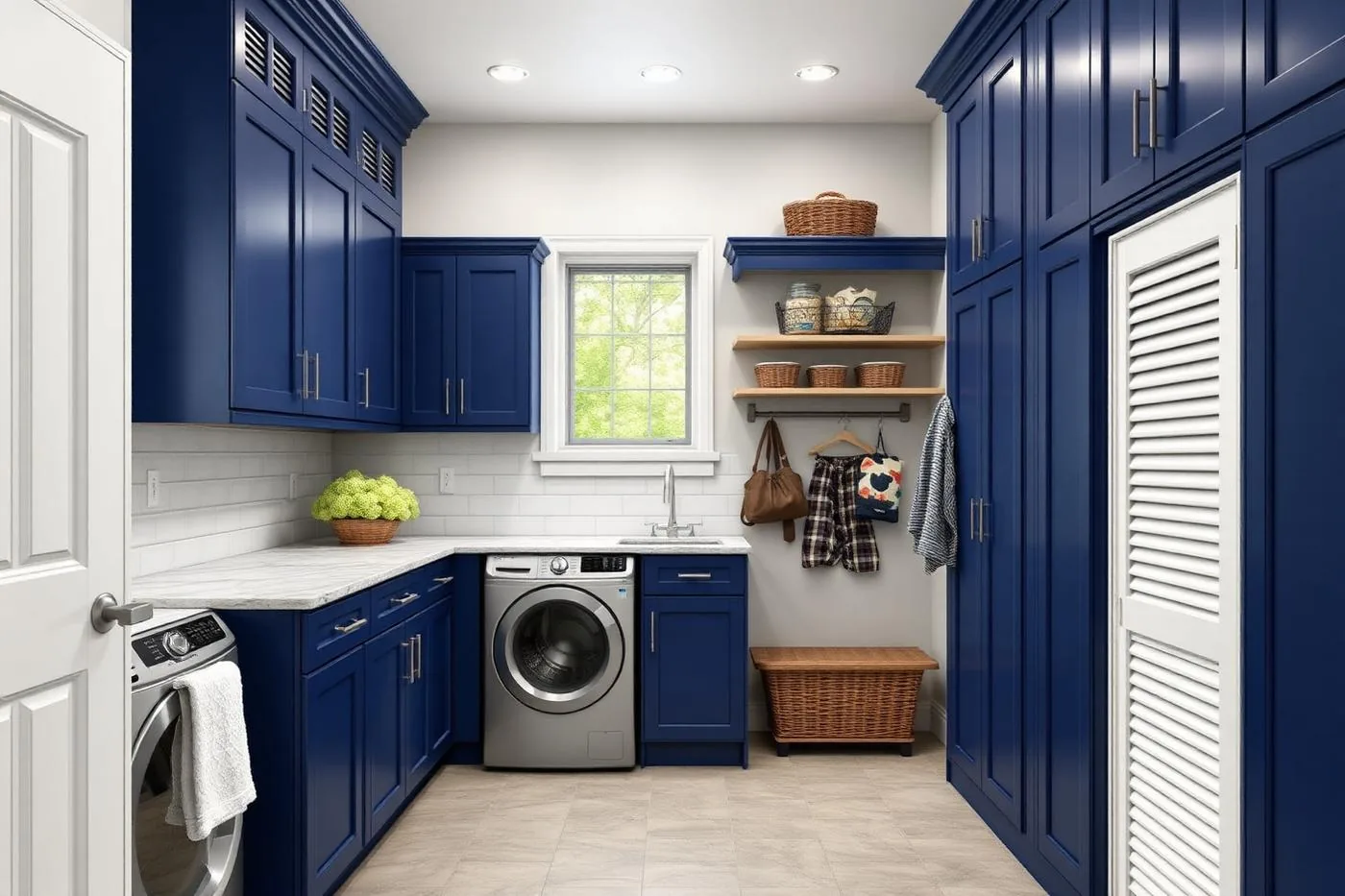 Combined laundry and mudroom with navy custom cabinets, louvered doors and hooks