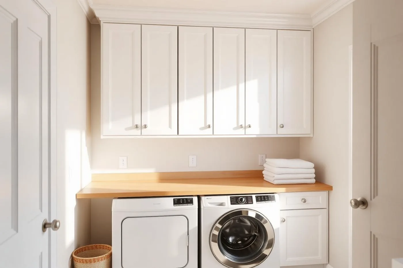 Custom white wall cabinets above a washer and dryer with a wood folding countertop