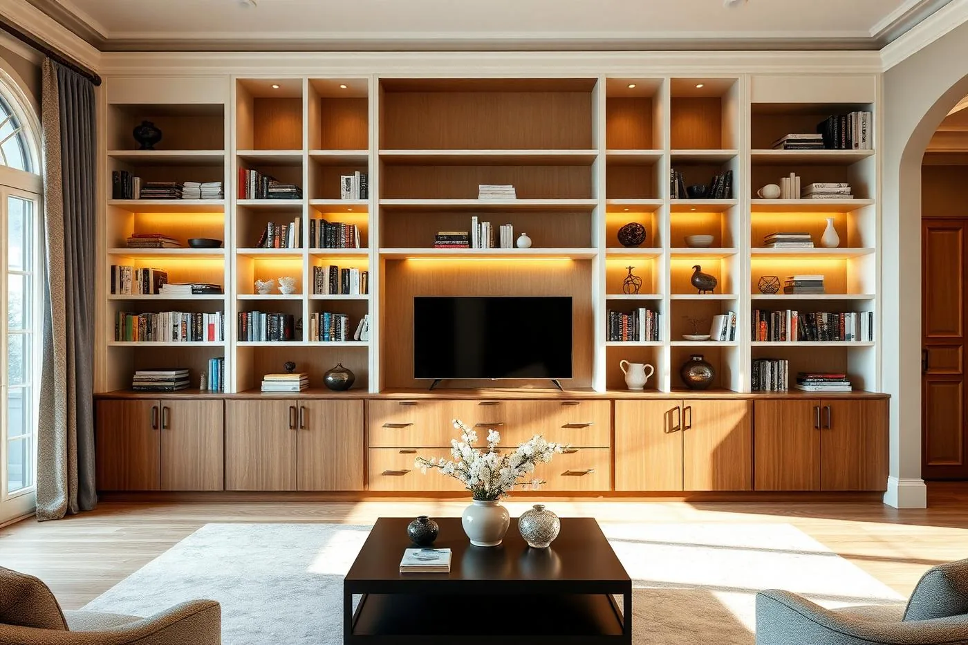 Custom living room bookshelf wall with lighted shelves above walnut base cabinets