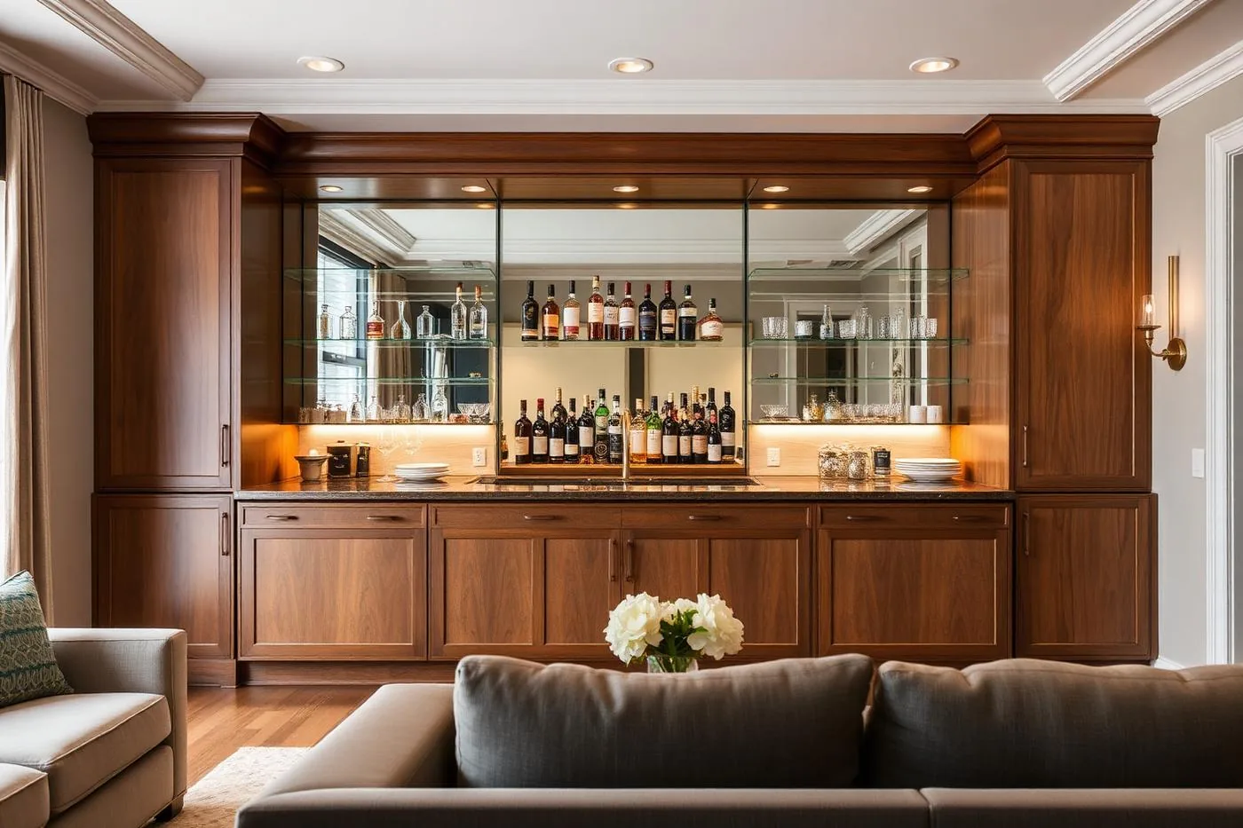 Custom built-in living room bar with mirrored back, glass shelving and walnut cabinetry