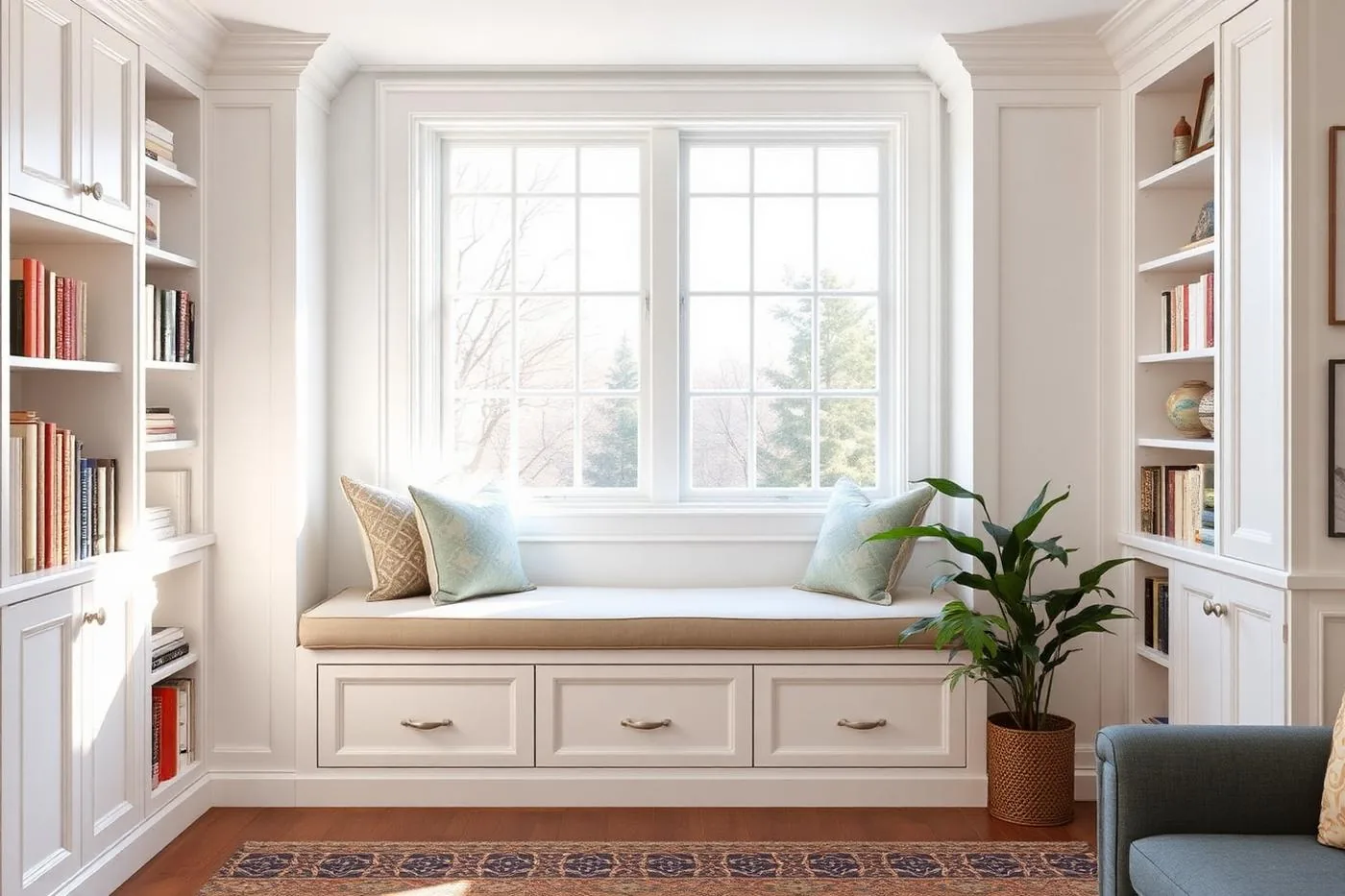 Built-in window seat with storage drawers flanked by white custom bookshelves