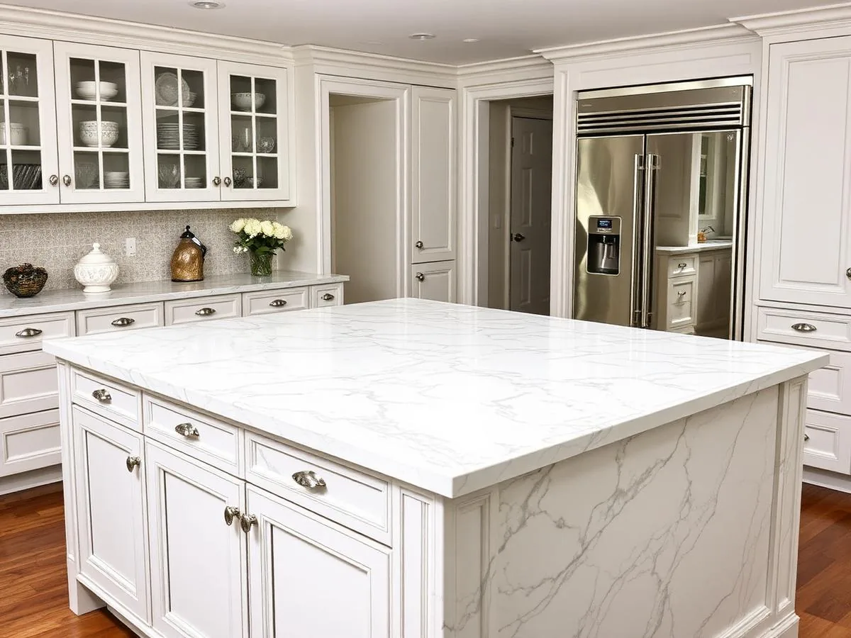 White marble island countertop with grey veining