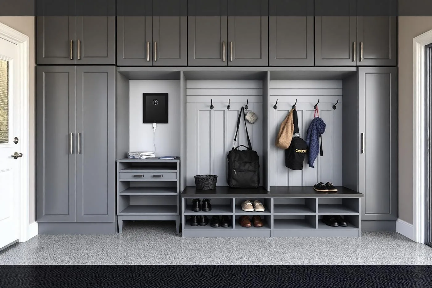 Garage Entry Drop Zone, custom mudroom and entryway cabinetry by Ultimate Cabinets, Inc.