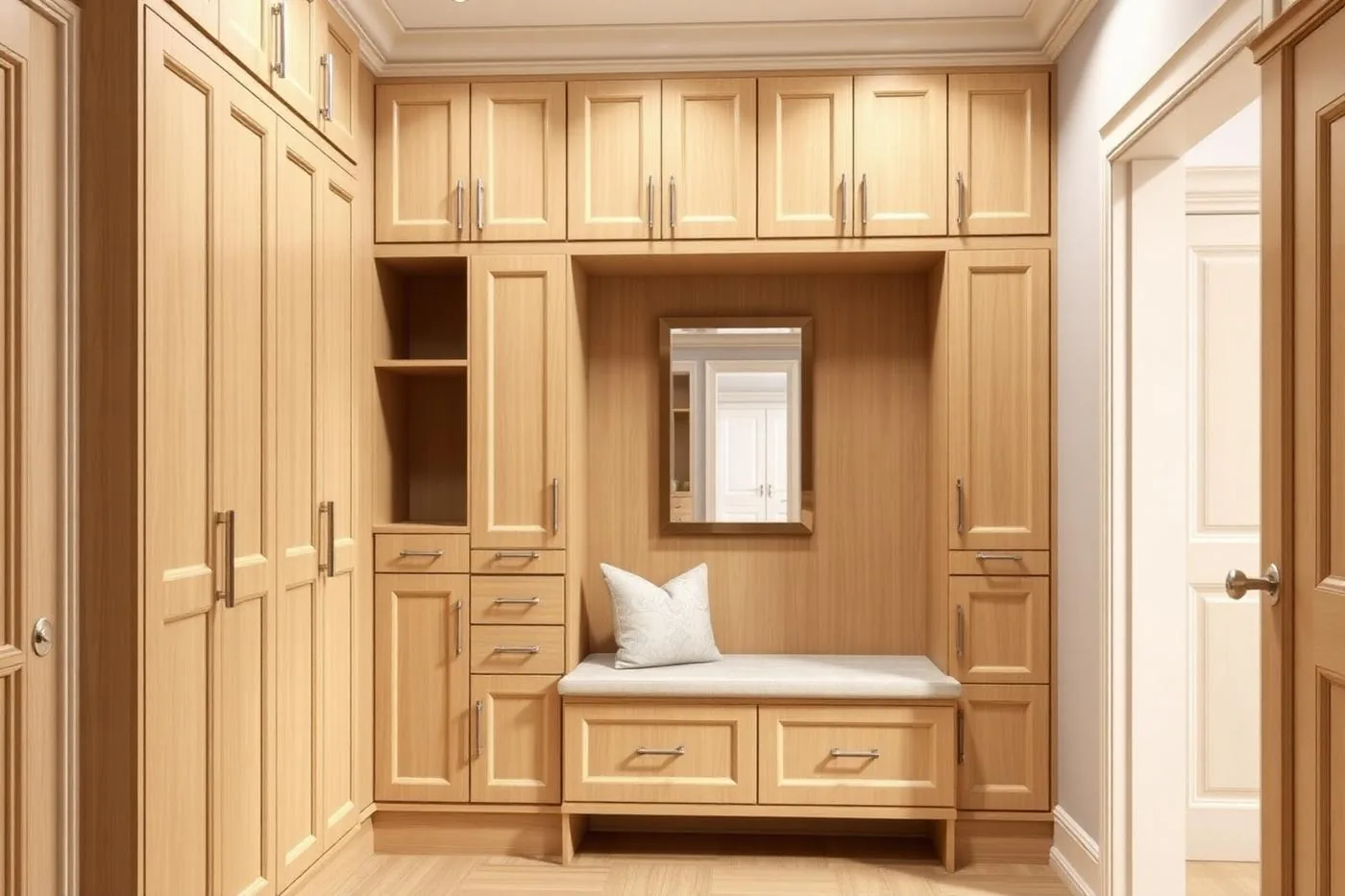 Foyer Built-In With Bench, custom mudroom and entryway cabinetry by Ultimate Cabinets, Inc.