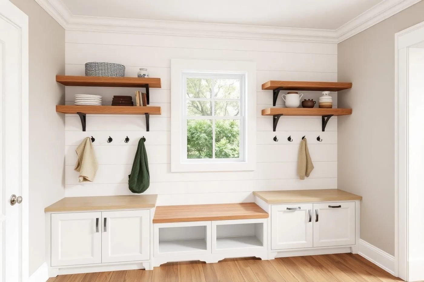 Integrated mud bench in a kitchen with shiplap wall, floating oak shelves and hooks