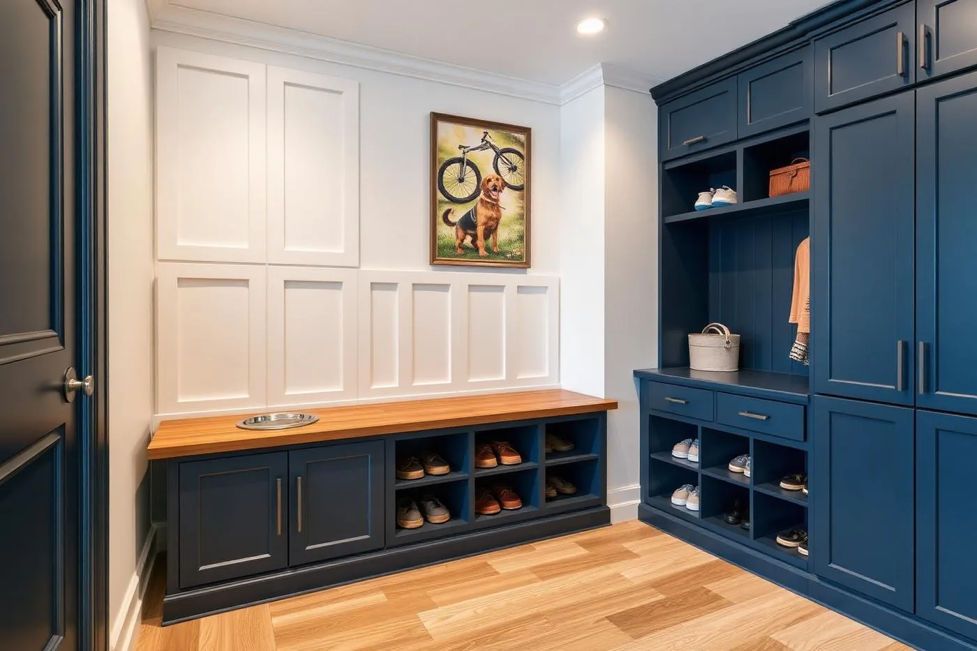 L-shaped entryway bench with shaker doors, pet bowl nook and shoe cubbies in navy cabinetry