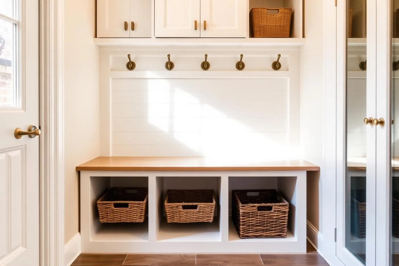 Custom mud bench with recessed shiplap backer, brass hooks and under-seat cubbies with baskets