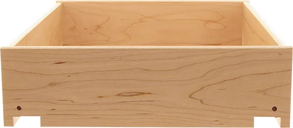 Drawer box notched and drilled for undermount slide clips