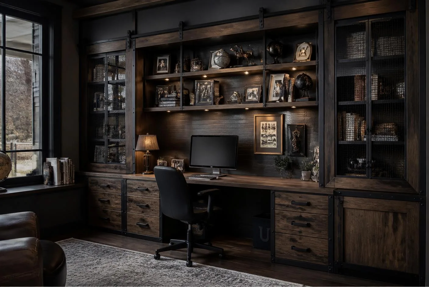 Industrial style office cabinets with metal accents, exposed hardware and glass doors
