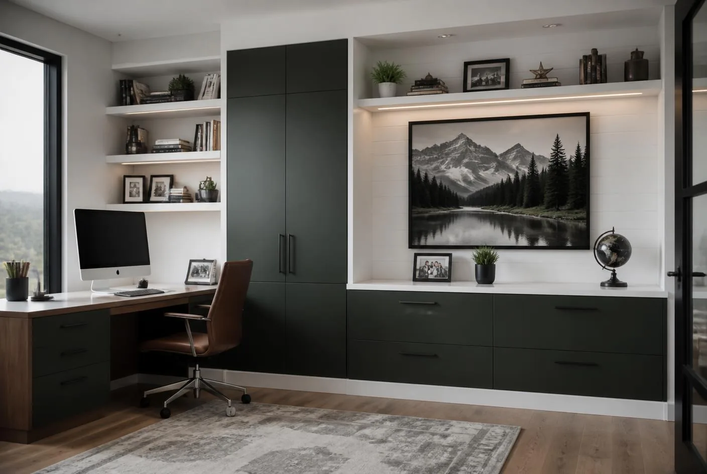 Modern home office with built-in green cabinets, floating shelves and hidden file drawers