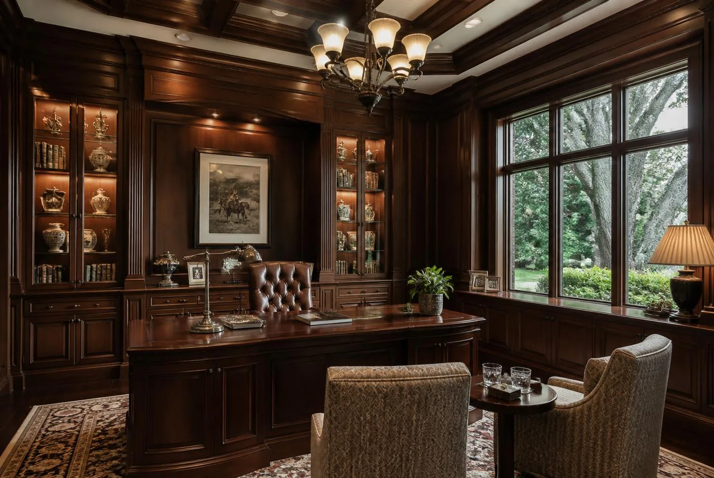 Traditional custom office cabinetry with crown molding and glass-front display cabinets