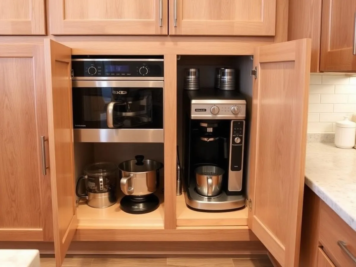 Appliance garage pantry cabinet with small appliances