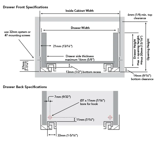 Engineering drawing of undermount drawer slide specifications with notch and drill dimensions